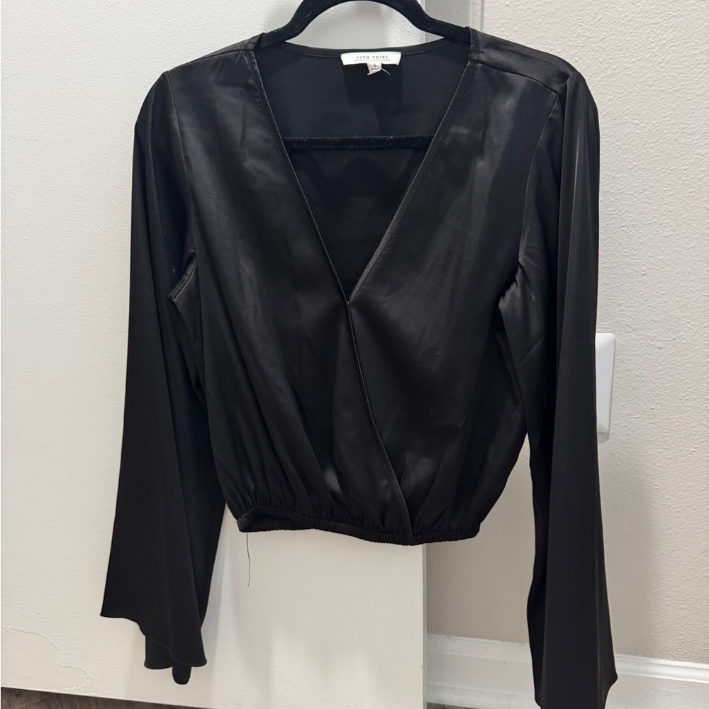 Black Long Sleeve Wrap Top